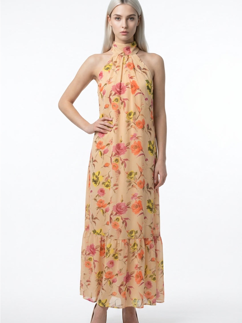 Taylor Blush Peach Floral High-Neck Maxi Dress
